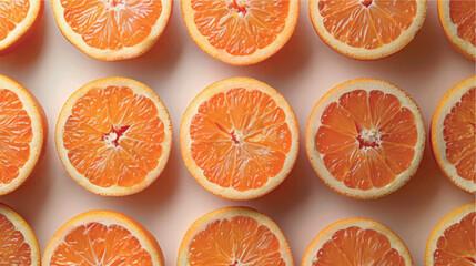 Ripe halves of oranges on a white background pattern. Orange slices. Juicy halves of tangerines and oranges. Design of orange juice, dessert, citrus background. Juicy citruses background.