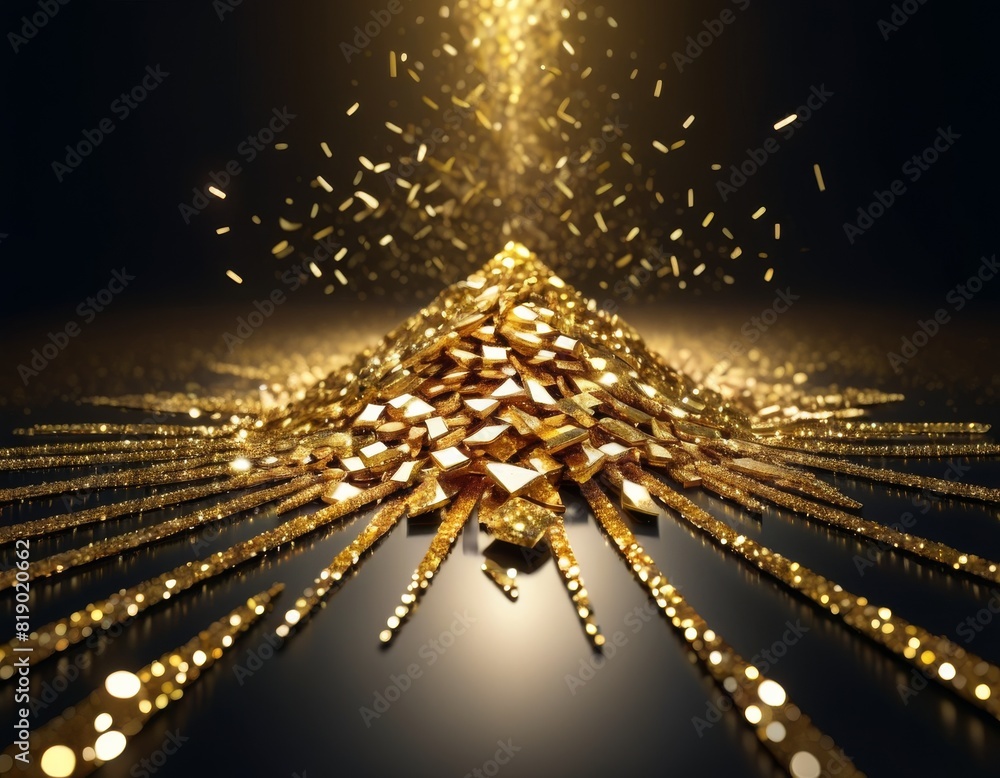 Poster a dazzling display of golden particles converging in a triangular fashion on a dark background. ai g