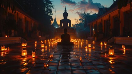 Buddha statue's shadow stretching over a temple courtyard filled with candle-lit lanterns on Magha Bucha Day
