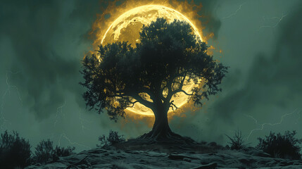 A large tree stands on a rocky hill with a glowing full moon in the background. The sky is dark and cloudy, creating a mystical and eerie atmosphere.