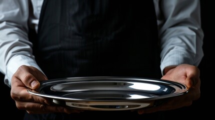 Close-up of a waiter holding an empty silver tray, black background, focus on the shiny tray with reflections, high detail, dramatic lighting