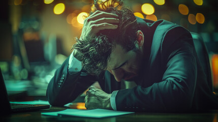 A man in a suit is sitting at a desk with his head in his hands. He is frustrated or upset