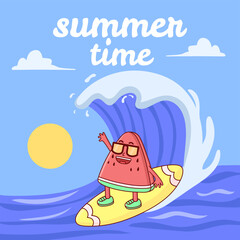 summer vector watermelon character surfing on the beach poster