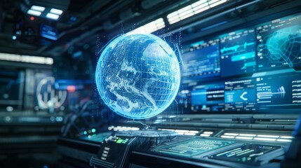 Obraz premium A futuristic search engine interface with AI-powered suggestions, displaying a holographic globe of indexed data, high-resolution.