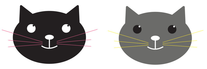 Cat head face set. Black silhouette icon. Kitten with big blue, green, yellow eyes. Cute cartoon funny pet character. Funny kawaii animal. Flat design. Pink ears, nose, cheek. Yellow background Vector