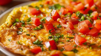 Close-up of a perfectly cooked omelette with diced red bell peppers, vibrant colors, isolated background, studio lighting