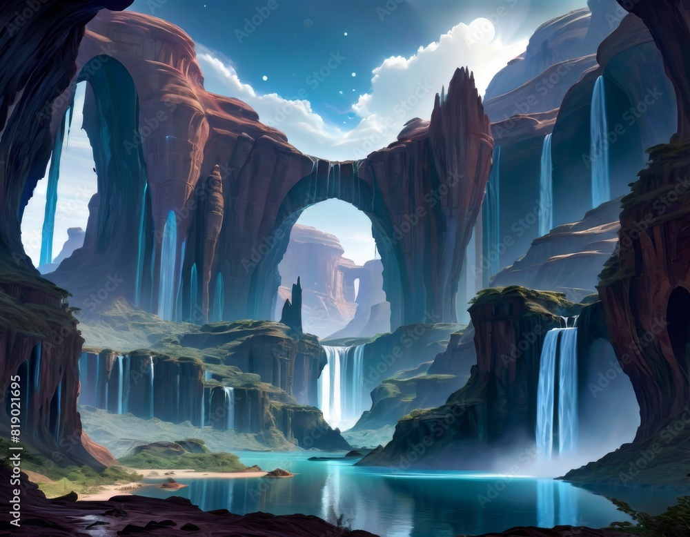 Poster majestic rock formations with cascading waterfalls create a serene archway above a calm lake, under 