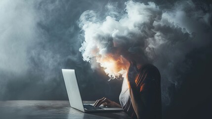 Thoughts concept Male female body of model with head full of smoke clouds using laptop no emotions mechanic mental intelligence 
