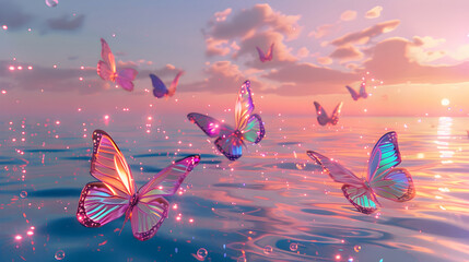 Glittery pink butterflies and ethereal sea waves background. Shimmering reflections and pastel aesthetic.