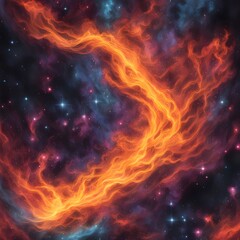 A vibrant depiction of fire sparks and smoke in a cosmic setting