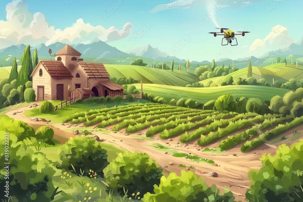Poster automated farming techniques for plant health with drone technology in vector automated drone farmin