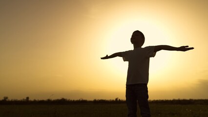 boy son child looking sky happy face smile kid dream prayer sun asking make wish children hands raised sky, optimistic child view, boy with hopeful gaze, content youth horizon., sunset childhood joy