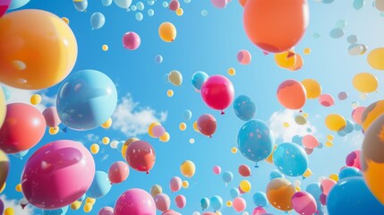 A skyward view filled with vibrant, round balloons in various colors, floating against a clear blue sky, creating a cheerful and festive atmosphere