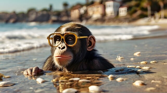 Happy ape basking in the warm sun on a sandy beach