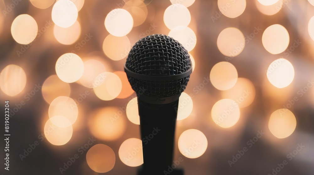 Aufkleber focused microphone on a podium with a soft bokeh background at a business seminar