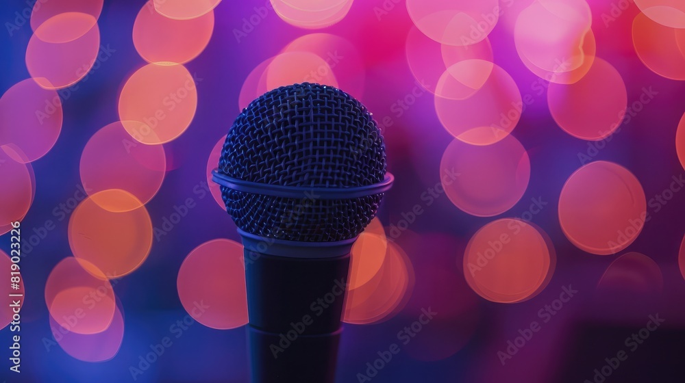 Poster focused microphone with a vibrant, soft bokeh backdrop at a business networking seminar --ar 16:9 jo