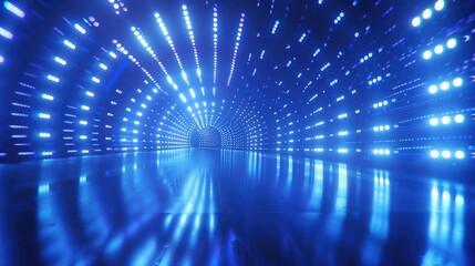 futuristic blue LED light tunnel, with shimmering lights and reflections creating an immersive...