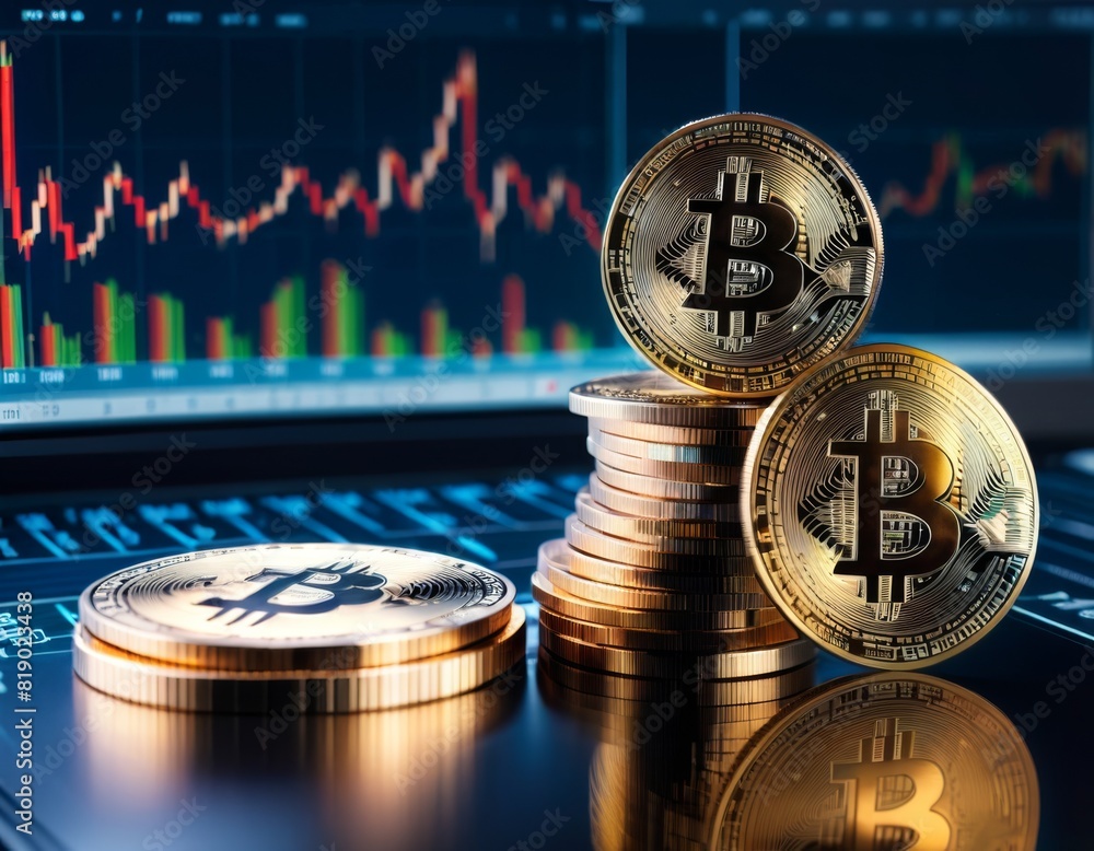 Poster gleaming bitcoin coins stack against the backdrop of fluctuating financial graphs, capturing the vol