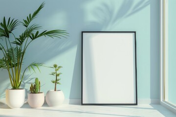 Close-up layout of poster frame in empty interior, 3d visualization, Cyan background