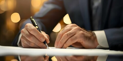 Business executive in suit signing documents with fountain pen focus on hands. Concept Business, Executive, Documents, Fountain Pen, Hands
