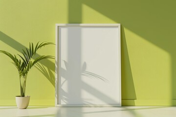 Close-up layout of poster frame in empty interior, 3d visualization, Lime Green background