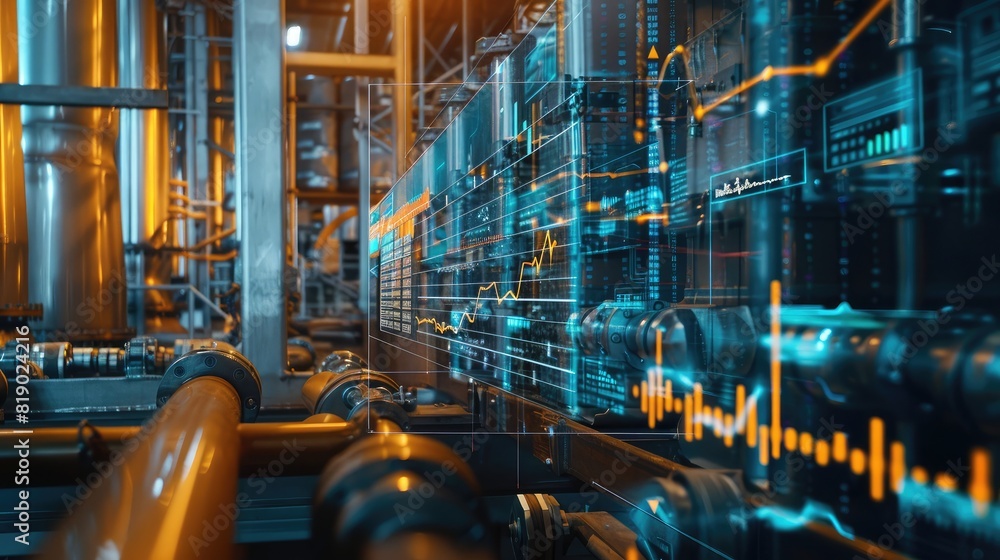 Poster graphs overlaid on machinery in an industrial collar work setting, highlighting the role of data in 