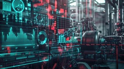 Industrial collar work backdrop with superimposed graphs, showcasing the integration of data analytics in manufacturing