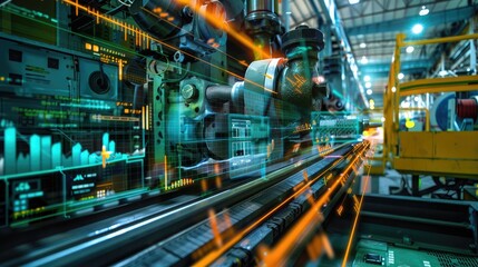 Fototapeta premium Industrial collar work machinery overlaid with data graphs, illustrating the convergence of technology and manufacturing efficiency
