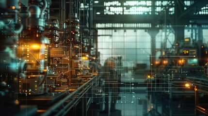 Industrial collar work scene with overlaid graphs, depicting the incorporation of data insights into industrial settings