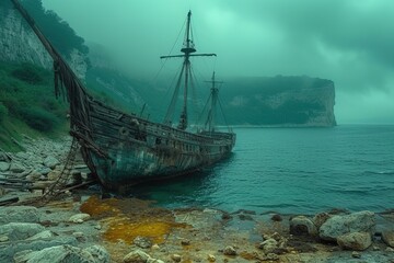 Pirate Shipwreck Scene A dramatic scene of a pirate shipwreck along a rocky coastline, adding an element of mystery and adventure