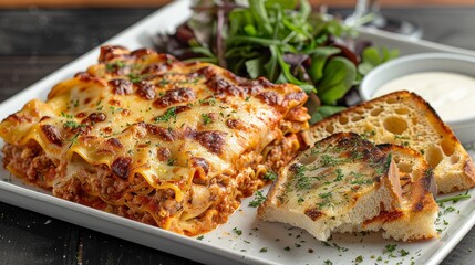 Appetizing lasagna served with crisp salad and toasted garlic bread, isolated background, studio lighting