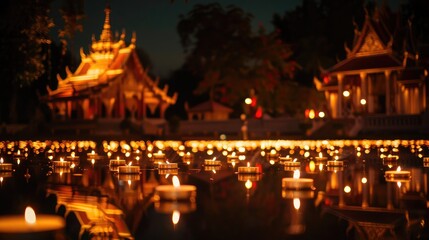 Lit candles reflecting in a temple pond, with the temple's silhouette in the background during Asalha Bucha Day