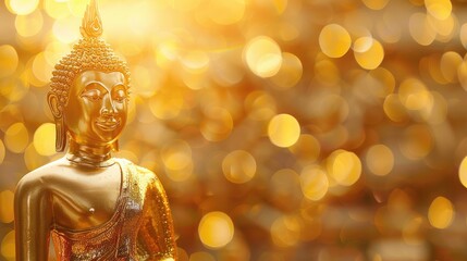 Majestic golden Buddha statue against a sparkling bokeh backdrop, celebrating spiritual devotion on Magha Bucha Day