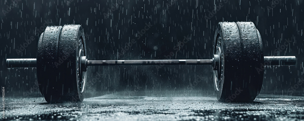 Poster a pair of dumbbells are sitting on a wet surface. concept of determination and strength, as the dumb