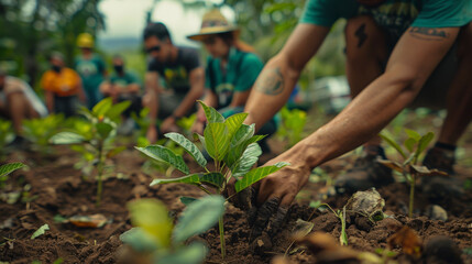 A group of volunteers actively plants young trees in a lush tropical forest, focusing on environmental restoration.