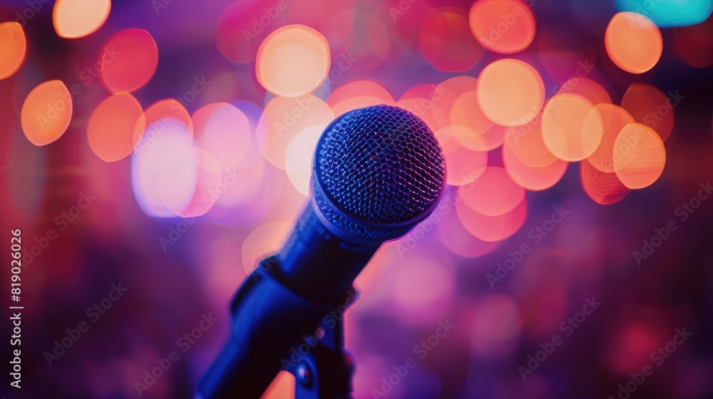 Aufkleber microphone on a stand with a blurred bokeh background, highlighting the business event setting