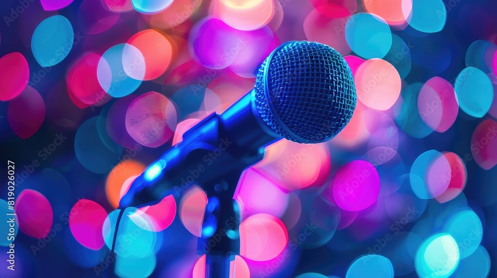 Aufkleber microphone with blurred bokeh lights in the background, ready for a speaker at a business networking