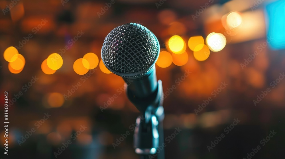 Aufkleber microphone with blurred bokeh lights in the background, ready for a speaker at a business networking
