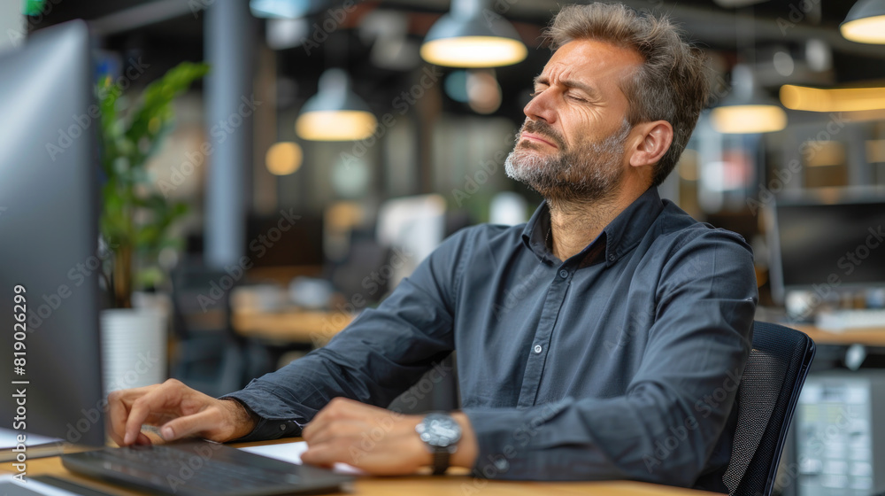 Poster A man is sitting at a desk with a computer monitor in front of him. He is wearing a black shirt and a watch. He is focused on his work, possibly typing on the keyboard