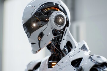 Fototapeta premium Prototipo de robot con armadura blanca aislado, droide de asistencia humana, androide con inteligencia artificial 