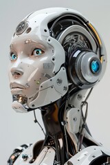 Fototapeta premium Prototipo robot para la asistencia y cuidado personal, ayudante robótico, robot de armadura blanca y luces biométricas, humanoide futurista aislado con fondo blanco