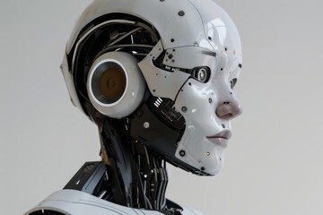 Fototapeta premium Robot futurista blanco con luces led. Asistente robotico de laboratorio. Inteligencia artificial con aspecto humanoide. Cyborg 