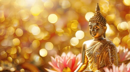 Peaceful golden Buddha statue against a sparkling bokeh background, surrounded by blooming lotuses, on Visakha Bucha Day