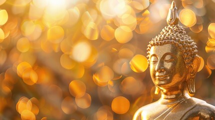 Peaceful golden Buddha statue with a soft, blurred bokeh background, honoring Visakha Bucha Day