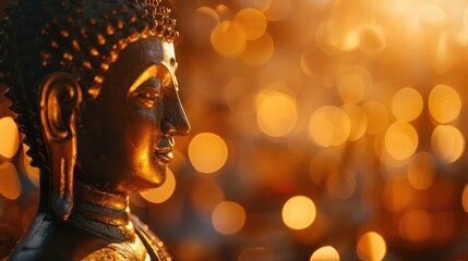 Peaceful golden Buddha statue with a softly lit bokeh backdrop, celebrating Visakha Bucha Day
