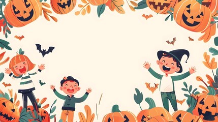 Cheerful Children in Costume Celebrating Autumn Halloween Holiday