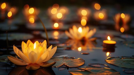 Peaceful lotus flowers blooming in a pond, with reflections of candlelight during Visakha Bucha Day