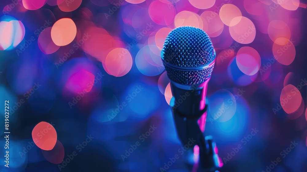 Poster professional microphone in front of a blurred audience and colorful bokeh lights at a business semin
