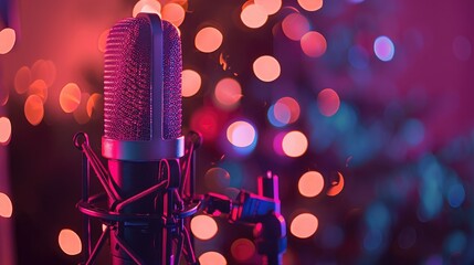 professional microphone against a vibrant bokeh backdrop, set up for a business presentation