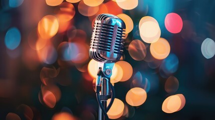 professional microphone against a vibrant bokeh backdrop, set up for a business presentation